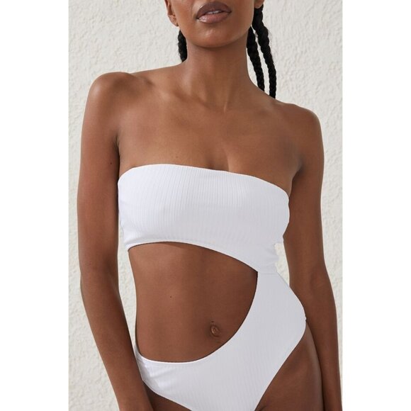 COTTON ON Women's Strapless Cutout Brazilian One-Piece Swimsuit White Ribbed - Picture 3 of 5